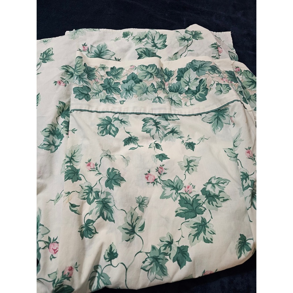 VVintage green floral flat sheet queen green pink soft 1980s